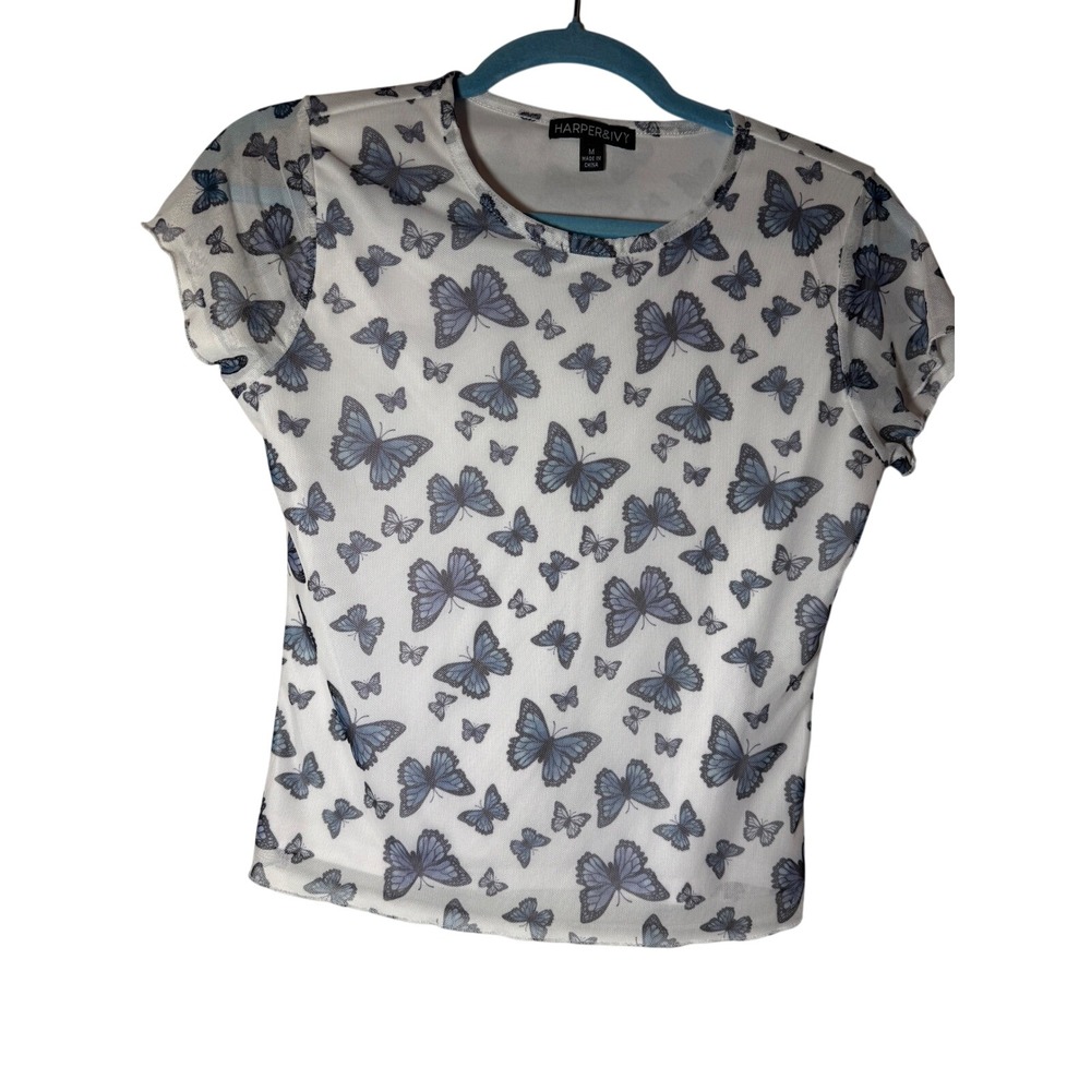 Harper & Ivy Blue Butterfly Mesh Short Sleeve Top White Crew Neck Y2K Size‎ M